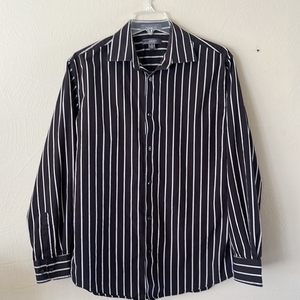 Cezani mens button down collar shirt size medium black brown tan stripes - Picture 2 of 12
